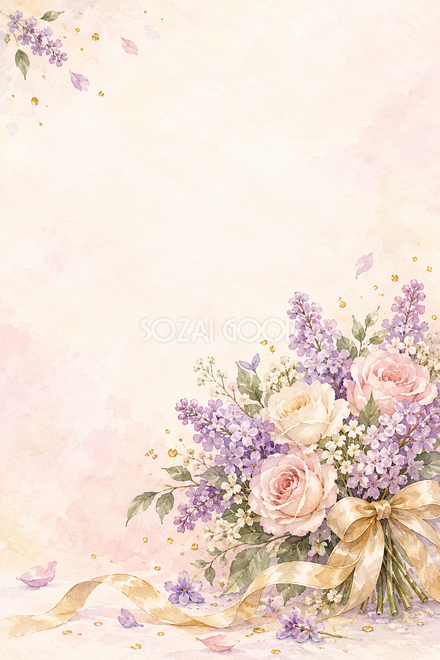 藤色の花束と金の粒の背景 藤色の花束と金の粒の背景
