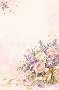 藤色の花束と金の粒の縦長背景｜お祝い・記念日の無料イラスト素材 107809