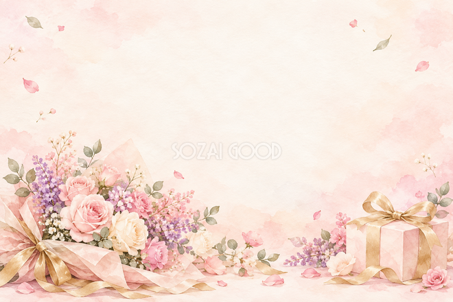 ピンクの花束と贈り物の背景