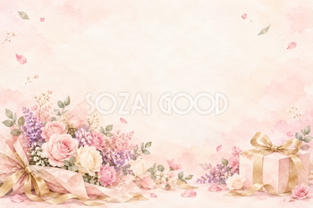 ピンクの花束と贈り物の横長背景｜お祝い・記念日の無料イラスト素材 107810