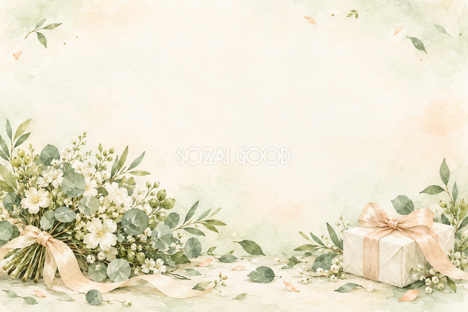 緑の花束と白い贈り物の背景