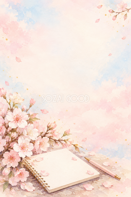 桜の枝と白いノートの背景