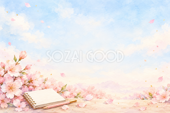 桜の花びらと青空の横長背景｜お祝い・記念日の無料イラスト素材 107829