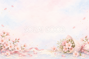 桜と小さな花束の横長背景｜お祝い・記念日の無料イラスト素材 107832