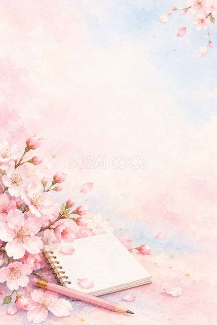 桜と鉛筆と白いノートの背景