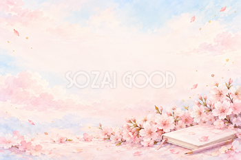 小さな桜と春の雲の横長背景｜お祝い・記念日の無料イラスト素材 107835