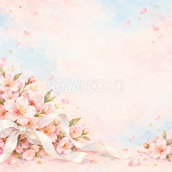 桜の花びらと白いリボンの正方形背景｜お祝い・記念日の無料イラスト素材 107836