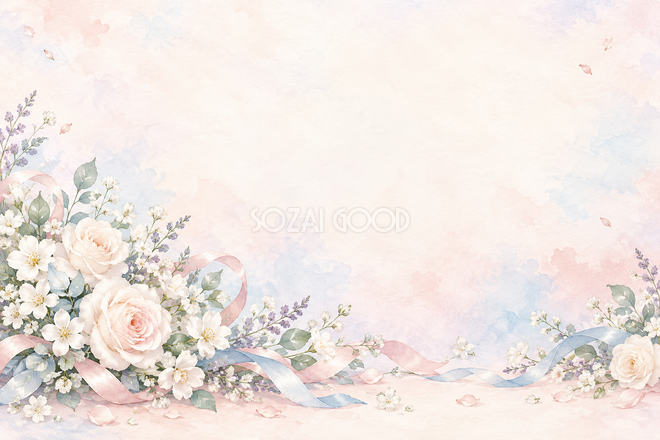 白い花と淡いリボンの背景