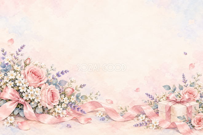 淡い花束と桃色のリボンの背景