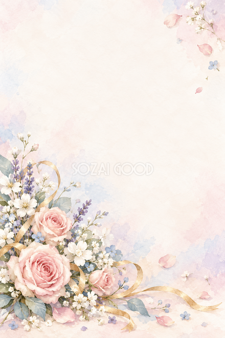 小花と細い金のリボンの背景 小花と細い金のリボンの背景