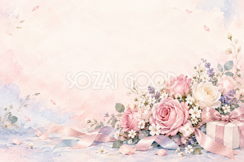 桃色と白の花束の横長背景｜お祝い・記念日の無料イラスト素材 107857