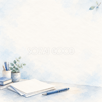 白い紙束と青いペンの正方形背景｜仕事・勉強の無料イラスト素材 107885