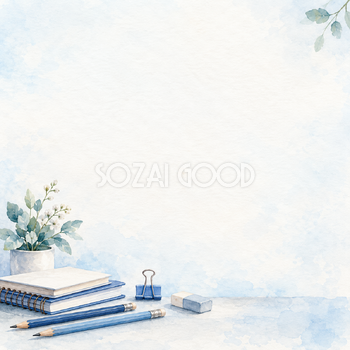 青い鉛筆と小さな文具の正方形背景｜仕事・勉強の無料イラスト素材 107891
