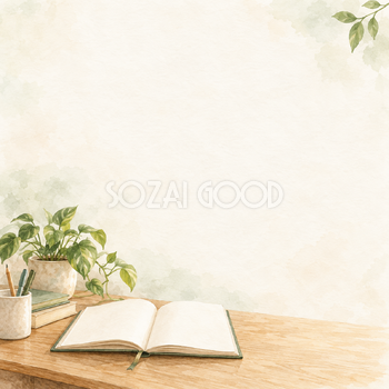 木の机と読みかけの本の正方形背景｜仕事・勉強の無料イラスト素材 107902