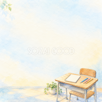 机のメモと色鉛筆の正方形背景｜仕事・勉強の無料イラスト素材 107921