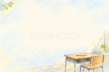 教室の椅子と学用品の横長背景｜仕事・勉強の無料イラスト素材 107923