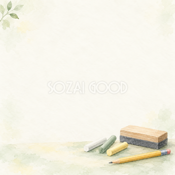 チョークと小さな文具の正方形背景｜仕事・勉強の無料イラスト素材 107932