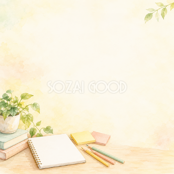 白いノートと色鉛筆の正方形背景｜仕事・勉強の無料イラスト素材 107962