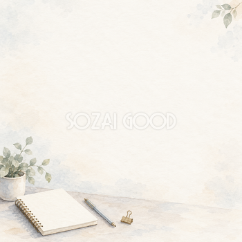 細い文具とノートの正方形背景｜仕事・勉強の無料イラスト素材 107979