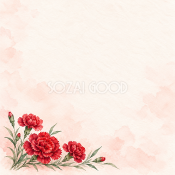 赤いカーネーション・左下の花の水彩背景｜正方形・母の日の無料イラスト素材 108202