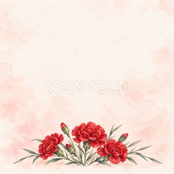 赤いカーネーション・下辺の花の水彩背景｜正方形・母の日の無料イラスト素材 108203