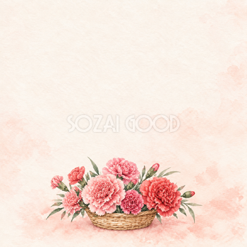 カーネーションの花かご・下辺の花の水彩背景｜正方形・母の日の無料イラスト素材 108225