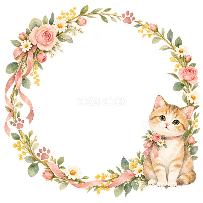 猫と季節の花・猫と肉球の丸枠 猫と季節の花・猫と肉球の丸枠