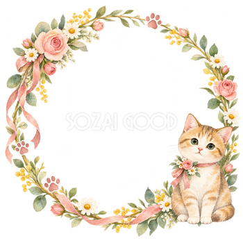 猫と季節の花・猫と肉球の丸枠｜かわいい無料フレームイラスト素材 109269