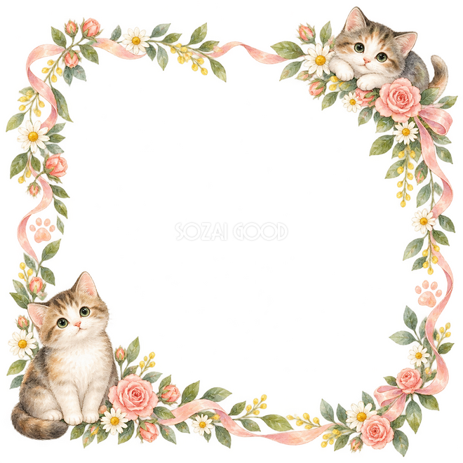 猫と季節の花・片隅に猫を添えた枠 猫と季節の花・片隅に猫を添えた枠