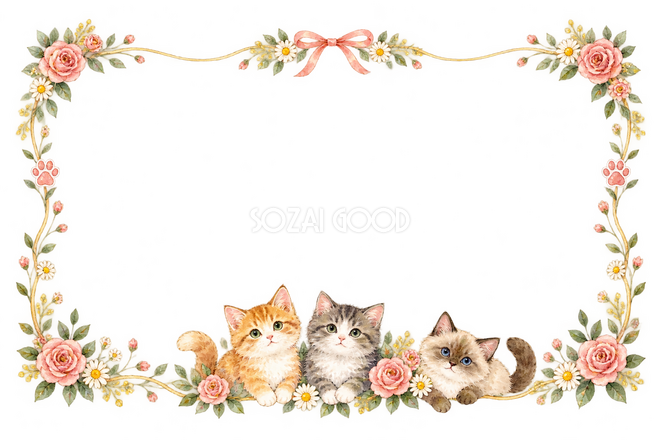 猫と季節の花・猫が並ぶ横枠