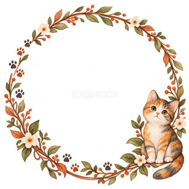 手描きの猫と足あと・猫と肉球の丸枠 手描きの猫と足あと・猫と肉球の丸枠
