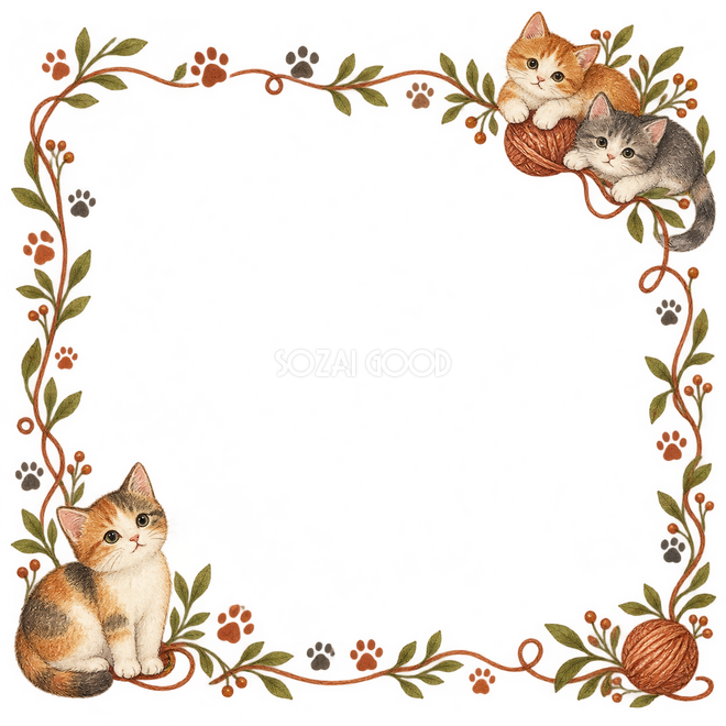手描きの猫と足あと・片隅に猫を添えた枠 手描きの猫と足あと・片隅に猫を添えた枠