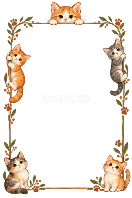 手描きの猫と足あと・上からのぞく猫の縦枠 手描きの猫と足あと・上からのぞく猫の縦枠