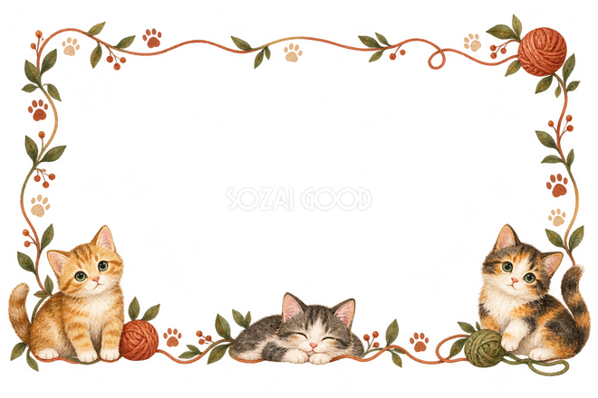手描きの猫と足あと・猫が並ぶ横枠