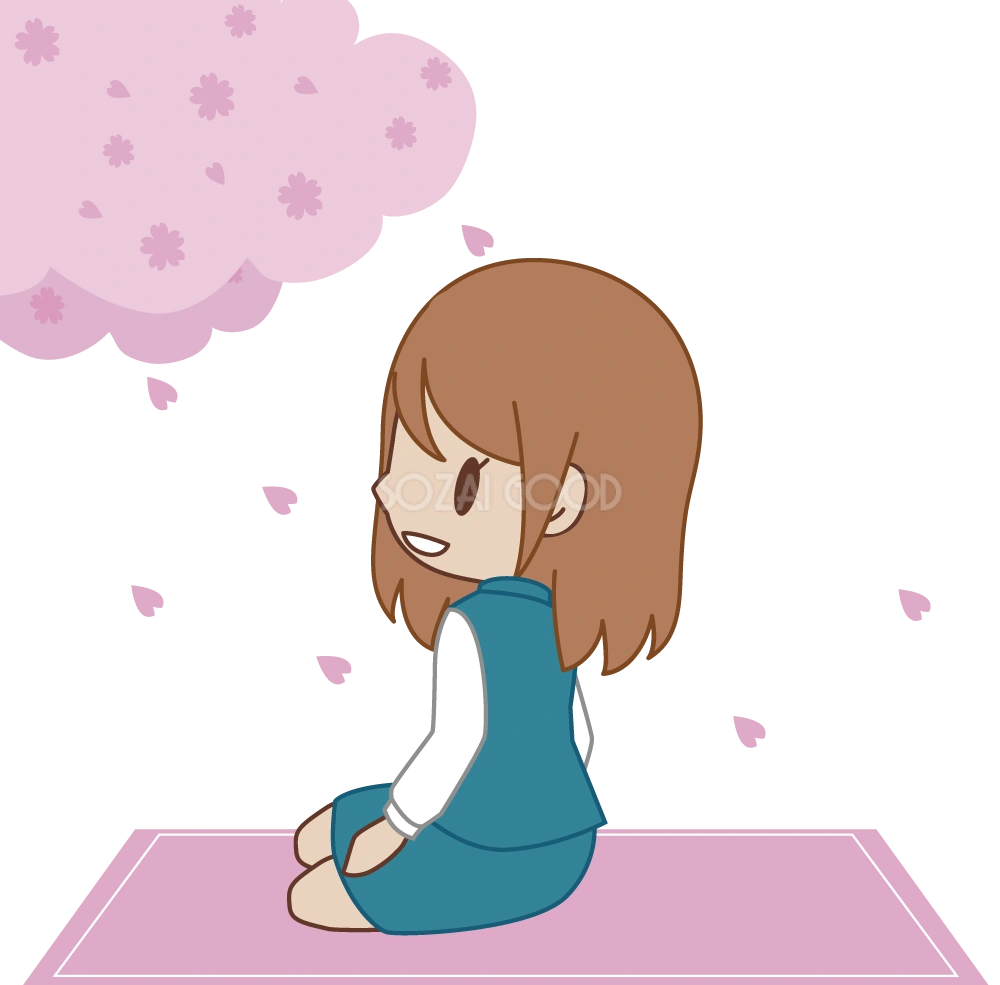 OLが桜の木の下でお花見 無料イラスト