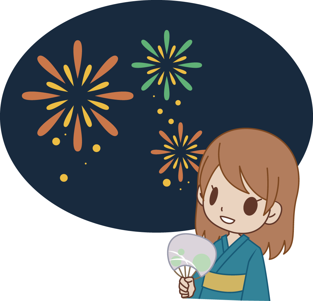 うちわを持ちOLが花火を見ている花火大会 無料イラスト10962に写真・文字を入れる