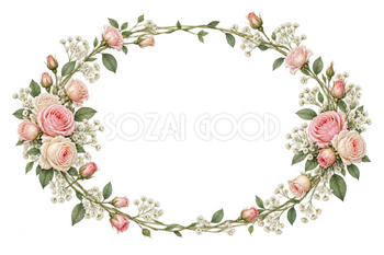 小さなバラの花束・横長のバラリース｜無料フレームイラスト素材 109948