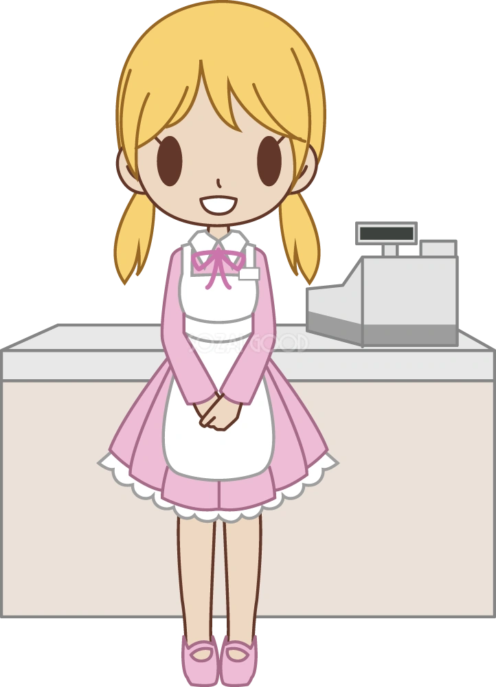 メイドカフェのウエイトレス風の女性が『いらっしゃいませ』 無料イラスト