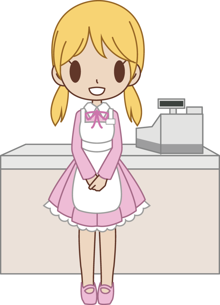 メイドカフェのウエイトレス風の女性が『いらっしゃいませ』 無料イラストに写真・文字を入れる
