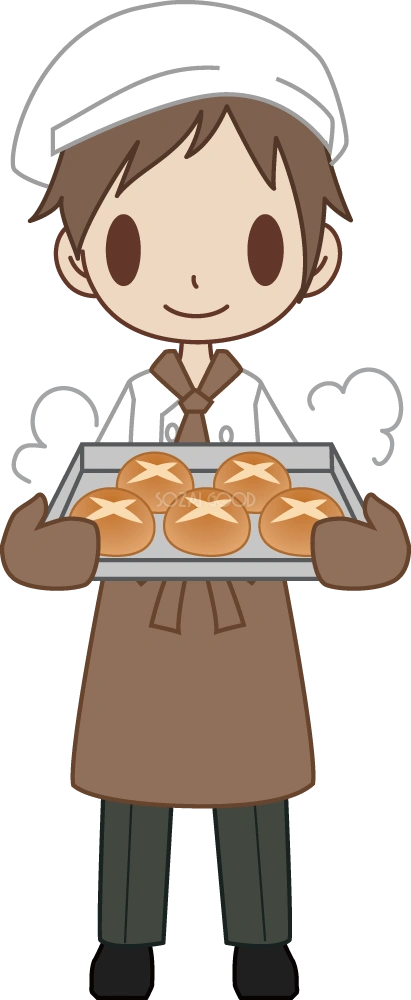 男性のパン屋さん店員がパンを焼く 無料イラスト