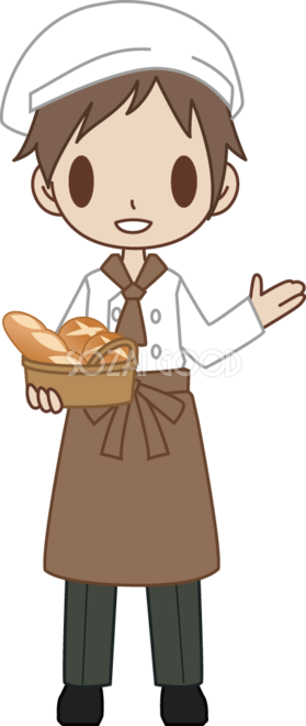 男性のパン屋さん店員がパンを運びながら いらっしゃいませ 無料