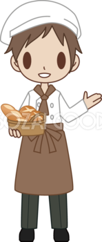 男性のパン屋さん店員がパンを運びながら『いらっしゃいませ』 無料イラスト