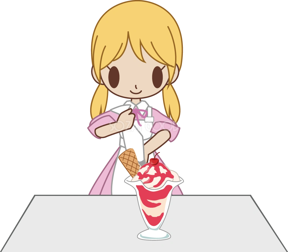 メイドカフェのウエイトレス風の女性がパフェを作る 無料イラスト