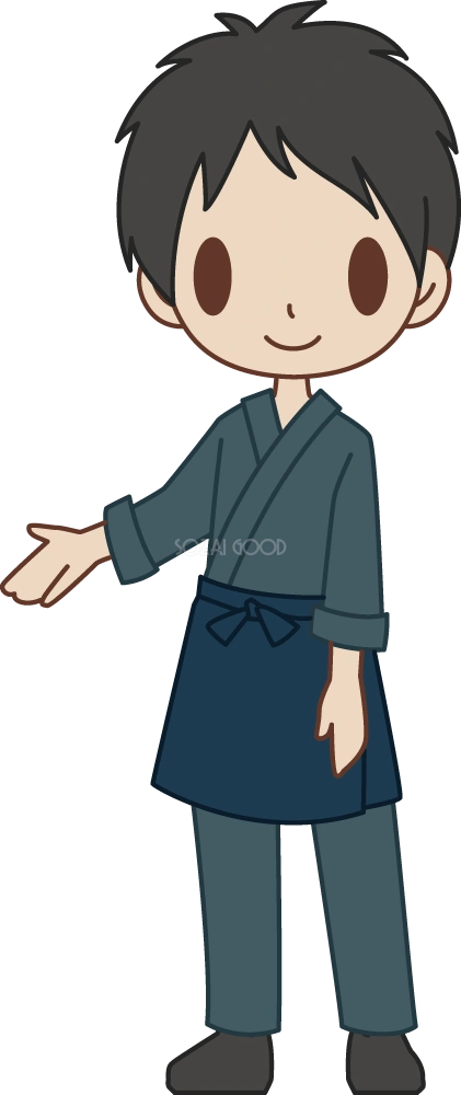 和食店の男性店員がハッピを着て『いらっしゃいませ』 無料イラスト
