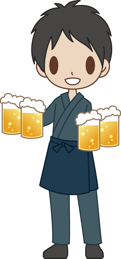 和食店の男性店員がビールを運ぶ 無料イラストに写真・文字を入れる