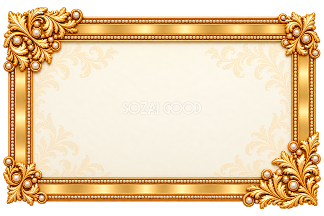 真珠と淡い花模様の金枠・対角装飾の横枠 真珠と淡い花模様の金枠・対角装飾の横枠