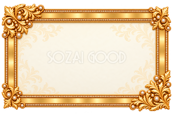 真珠と淡い花模様の金枠・対角装飾の横枠｜高級感のある無料フレームイラスト素材 110183