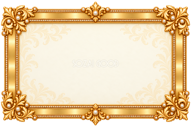 真珠と淡い花模様の金枠・上下中央飾りの横枠 真珠と淡い花模様の金枠・上下中央飾りの横枠
