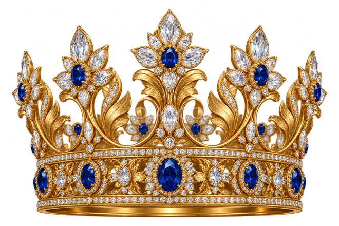 花の曲線と青い宝石の金王冠
