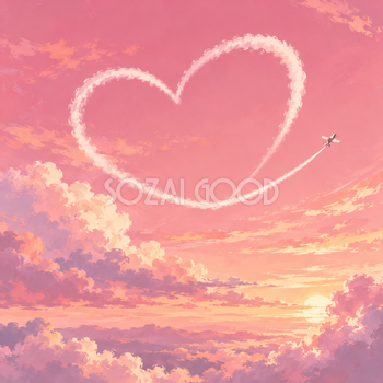 ハートの飛行機雲｜かわいいハート背景の無料イラスト素材 110419